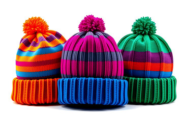 Vibrant knitted hats with colorful pom poms