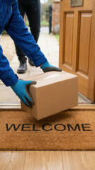 Package delivery at front door with welcome mat for home service concept