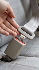 Safe driving concept: hand fastening seat belt in car interior for road safety awareness