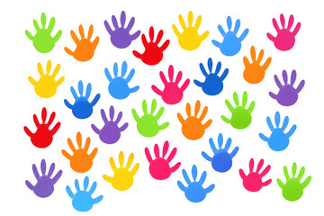 Children's colorful handprints pattern representing collaboration, diversity, community, unity, and creativity on transparent background