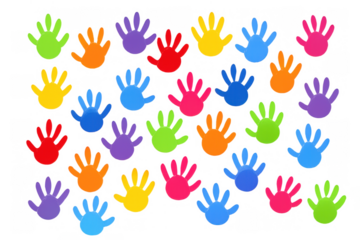 Children's colorful handprints pattern representing collaboration, diversity, community, unity, and creativity on transparent background