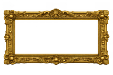 Ornate gold baroque picture frame with intricate carvings and elegant design featuring a transparent background