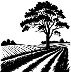 Fototapeta premium Country Road and Tree Silhouette – Rural Landscape Black Vector Illustration