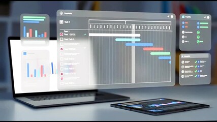 Project Management Dashboard and Task Tracking Interface on laptop. - Powered by Adobe