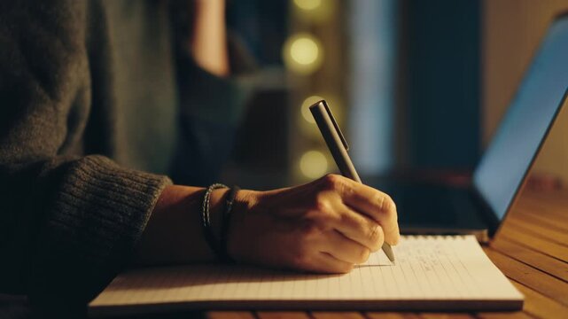 Close-up of a person's hands at work. A woman types on a laptop and makes notes in a notebook
