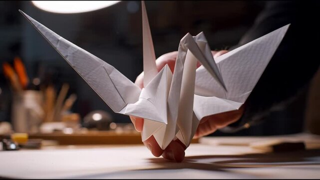 Realistic medium shot of hands shaping the head of a white paper crane origami with side lighting highlighting geometric forms