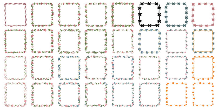 Hand-drawn assorted decorative borders frames botanical doodle isolated on white background