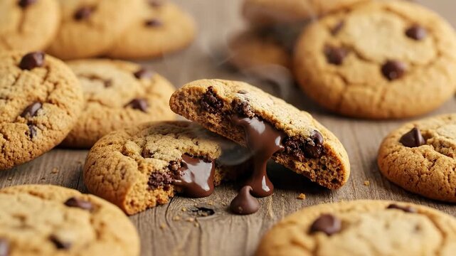 Soft center chocolate cookie surrounded by classic chocolate chip cookies on a bakery tray.
