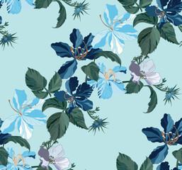 Flowers and leaves in vintage style, seamless pattern.	
