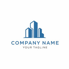 Fototapeta premium Modern blue building skyline logo for company branding.