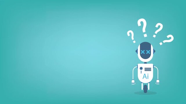 Frustrated robot cyborg with question mark help support service faq problem artificial intelligence technology concept