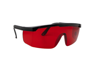 Fashionable red sunglasses. Sunglasses with mirrored lenses isolated on white background. Mirrored sunglasses with anti-reflective coating.