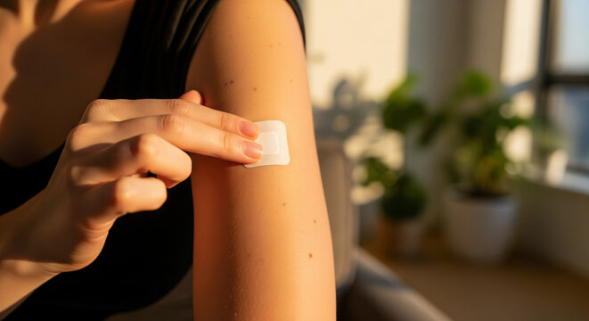 Close-up of woman applying a transdermal adhesive patch on her arm in warm sunlight, hormonal contraception or HRT concept.