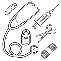 Line art featuring a stethoscope, syringe, scissors, medicine bottle, capsule, and adhesive bandages. Clean and minimal, ideal for educational, healthcare, or first aid themes.