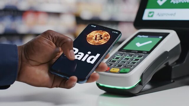 Close-up of a person making a contactless payment with Bitcoin using a smartphone. A finger taps the screen, and the POS terminal confirms the approved transaction with a green checkmark and a light.