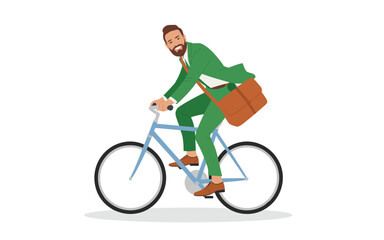 Man riding a bicycle with a bag on a white background