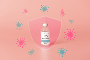 Human papillomavirus (HPV) vaccine bottle with glass shield and virus on pink background. HPV...