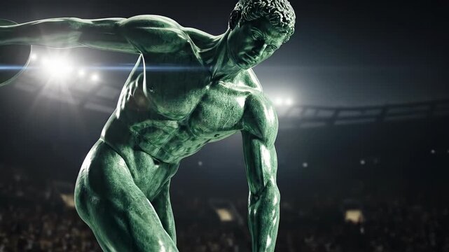 Green muscular statue performing a dynamic pose on a stadium track at night, dramatic lighting.