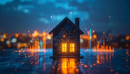 A digitally rendered house glows at night, surrounded by floating data charts and a grid of illuminated nodes.