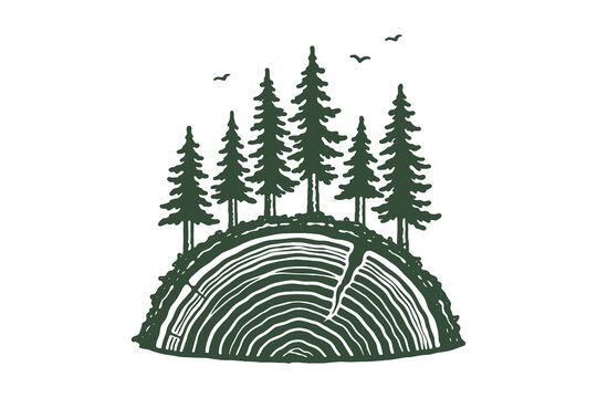 Pine forest on tree rings woodcut icon vector illustration