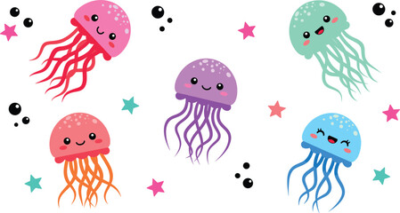 Cute jellyfish cartoon vector set with smiling colorful marine characters isolated on white background illustration © Sumon Creative