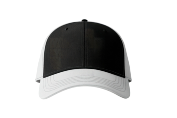 Black and white baseball-style cap with a mesh back. Isolated on a black background