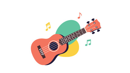 Colorful ukulele illustration is surrounded by floating music notes and abstract shapes for a cheerful and musical themed graphic design.