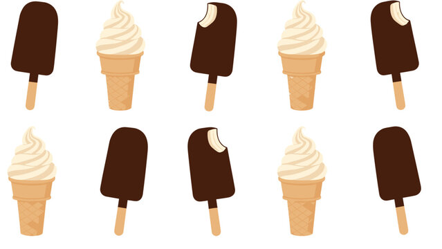 Sweet treat pattern displays chocolate covered popsicles and vanilla soft serve ice cream cones in a neat rows for a fun summer dessert theme.