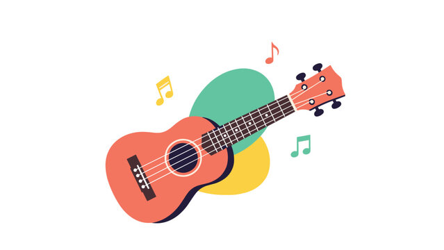 Colorful ukulele illustration is surrounded by floating music notes and abstract shapes for a cheerful and musical themed graphic design.