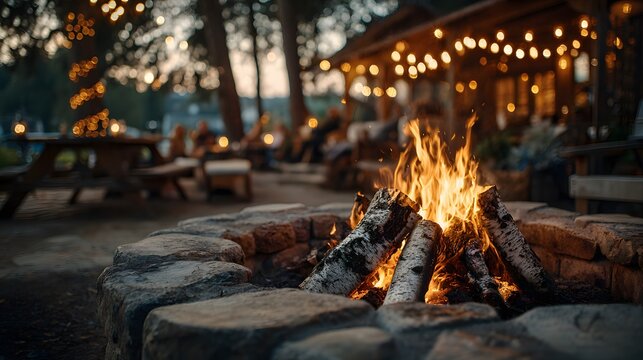 Outdoor lifestyle shot of a stone fire pit with roaring flames and birch logs, blurred group of friends in background, and string lights.