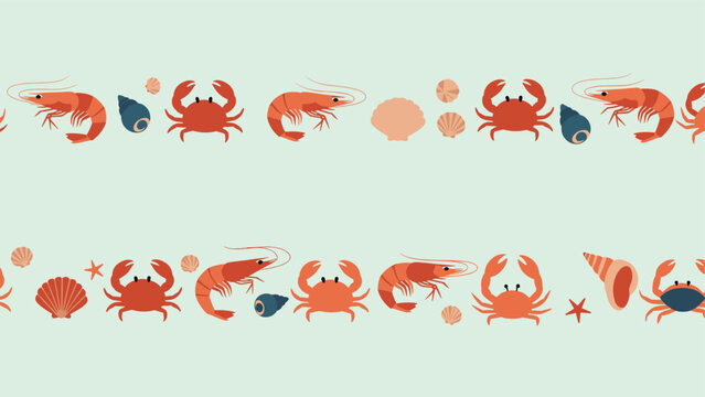 Nautical seamless border pattern showcasing red crabs, orange shrimp, and various seashells against a pale blue background.