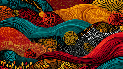 A vibrant abstract background with swirling shapes and ethnic motifs