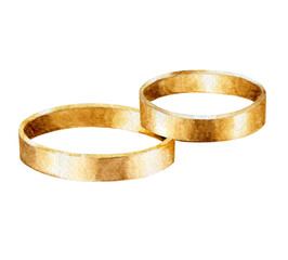 Watercolor hand drawn dark gold wedding rings. Watercolor celebrating clipart. Wedding rings isolated on white background.
