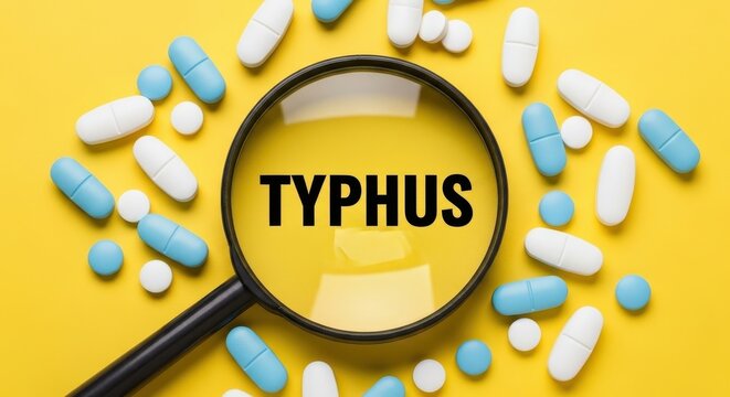 Magnifying glass focusing on the word Typhus surrounded by assorted medical pills and capsules for research study