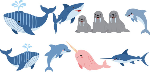 Cute marine animals cartoon vector set with whale shark dolphin seal narwhal isolated illustration © Sumon Creative