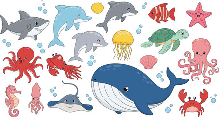 Cute marine animals cartoon vector set with whale dolphin fish octopus crab isolated on white background illustration © Sumon Creative