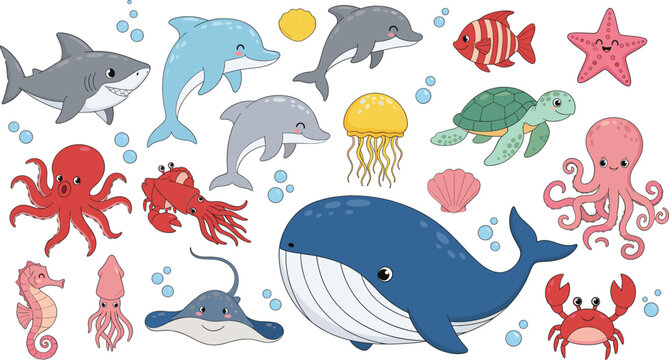 Cute marine animals cartoon vector set with whale dolphin fish octopus crab isolated on white background illustration