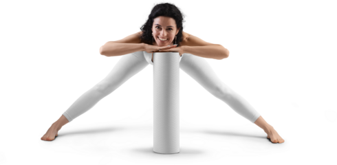 Mockup of white floor mat, yoga tracksuit, top, leggings on trainer woman, png, front view