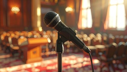 A professional microphone stands on a stage in a spotlight at a business conference held in a classic cafe bar with coffee and equipment