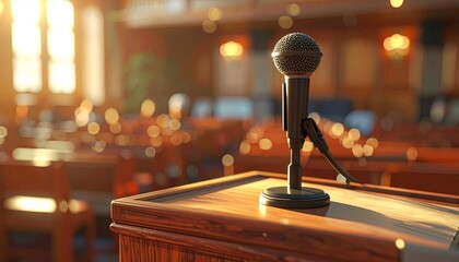 A professional microphone stands on a stage in a spotlight at a business conference held in a classic cafe bar with coffee and equipment
