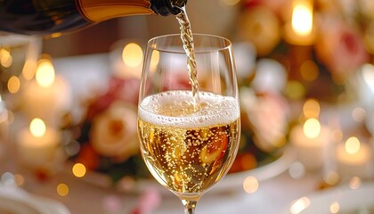 A glamorous fashion model in a red dress smiles while holding a glass of champagne at a New Year celebration party