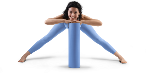 Mockup of blue floor mat, yoga tracksuit, top, leggings on trainer woman, png, front view