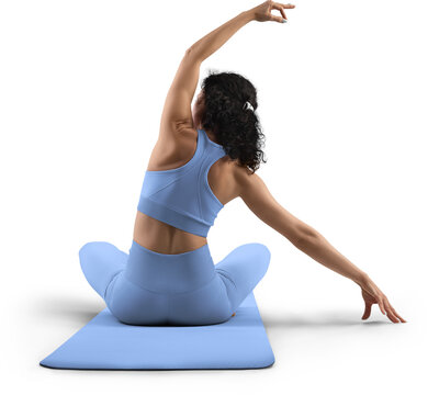 Mockup of blue floor mat, yoga tracksuit, top, leggings on trainer woman, png, back view