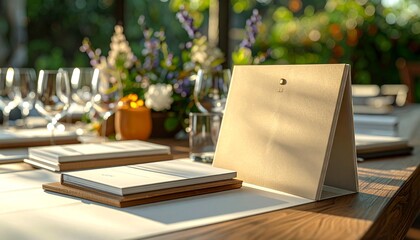 A serene morning at an empty outdoor city cafe featuring wooden tables and chairs on a patio decorated with flowers and light
