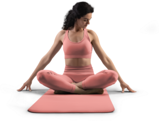 Mockup of pink floor mat, yoga tracksuit, top, leggings on trainer woman, png, front view
