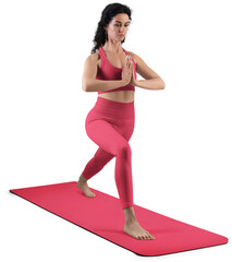 Mockup of red floor mat, yoga tracksuit, top, leggings on trainer woman, png, front view