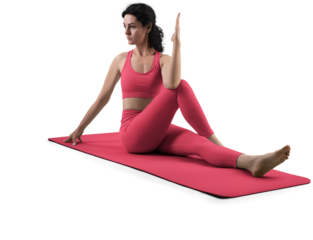 Mockup of red floor mat, yoga tracksuit, top, leggings on trainer woman, png, side view