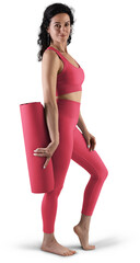 Mockup of red floor mat, yoga tracksuit, top, leggings on trainer woman, png, side view