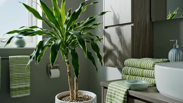 Stylish Bathroom Interior With Modern Fixtures And A Thriving Dracaena Fragrans Plant