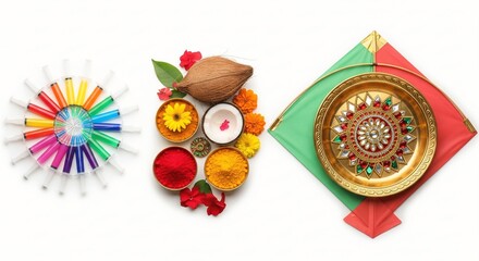 Makar Sankranti Festival Flat Lay with Colorful Kites, Manjha Spools and Traditional Sweets